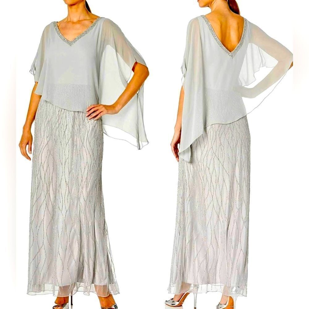 J Kara Women's Beaded Bottom with Sheer Elegant Top Dress Silver Grey Size 8
